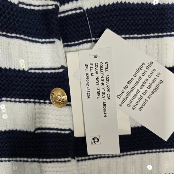SAM EDELMAN Colleen Stripe Short Sleeve Cardigan knit blue Size Medium NWT - Picture 10 of 11